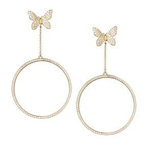 Gold Pave Butterfly Drop Hoop Earrings, Yellow Gold Tone 2.5" | NWT